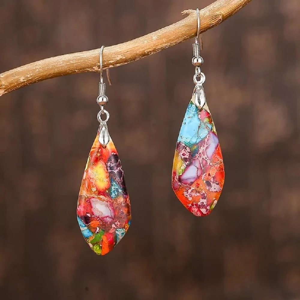 Natural Galaxy Sea Sediment Jasper Leaf Dangle Earrings